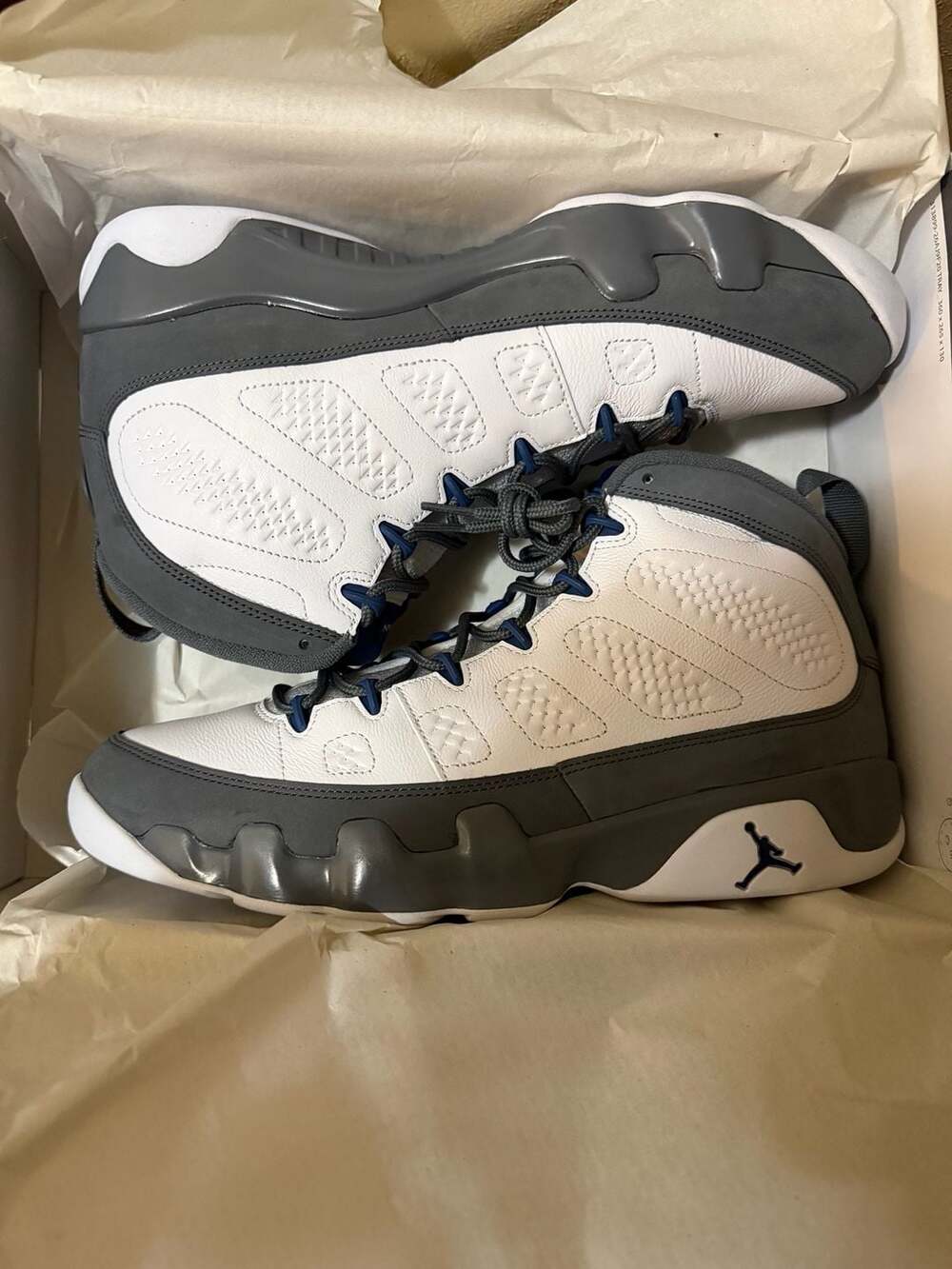 Size 13! Air Jordan 9 Retro – White / Flint Grey / French Blue
